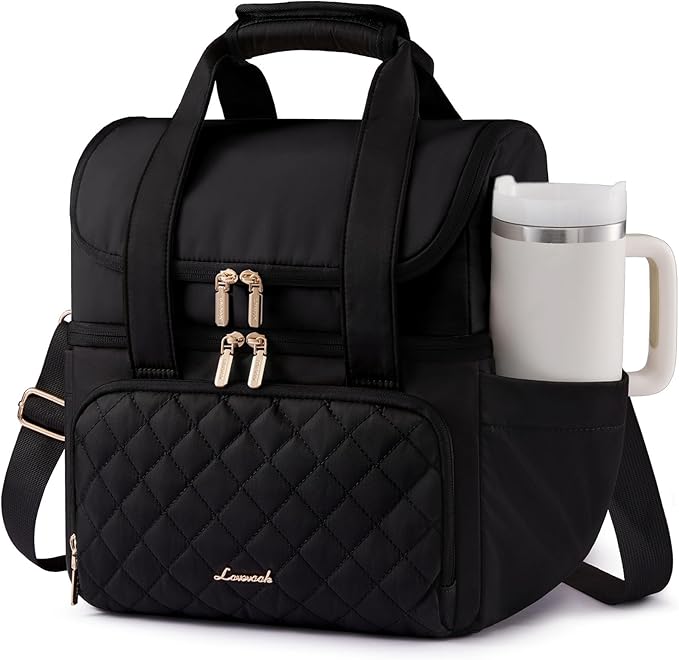 LOVEVOOK Insulated Lunch Bag for Women,Large Double Deck Adult Lunch Box,Teacher Lunch Tote Bag with Cup Holder,Leakproof Cooler Bag with Adjustable Shoulder Strap for Work Picnic Beach,Larger 15L