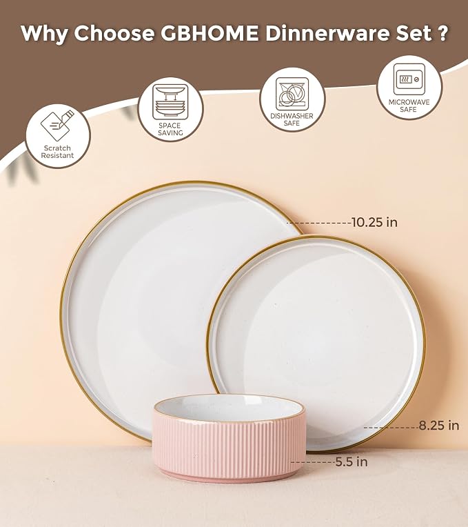GBHOME Stoneware Dinnerware Sets for 4, 12 Pieces Lightweight Ceramic Ribbed Plates and Bowls Set, Reactive Glaze Stackable Plate Sets, Scratch Resistant Dishes, Microwave & Dishwasher Safe,Pink