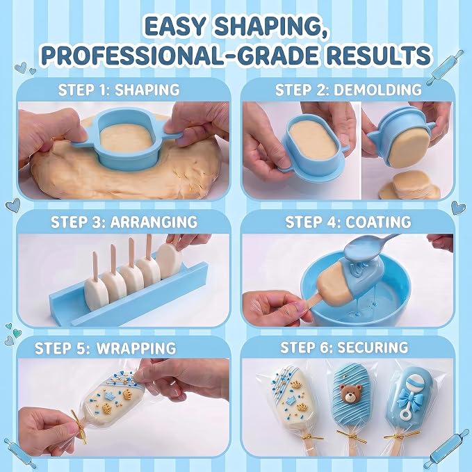 3 Inch Cakesicle Cutter and Cake Pop Mold Set with 8.7in Tray, 100 Wooden Sticks & 100 Bags, Silicone Cakesicle Mold for Homemade Cake Pops, Baking, Birthdays and Party Desserts (Sky Blue)