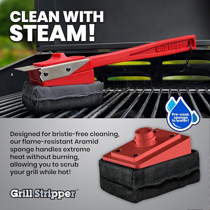 GRILL STRIPPER Bristle Free Grill Brush For Outdoor Grill - Steam Grill Brush Bristle Free with Patent Pending Triple Scraper and Dishwasher Safe Replaceable Fire Resistant Steam Sponge