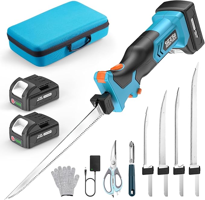 Seesii Cordless Electric Fillet Knife with 4 Blades, 100 Mins High Speed Filet Knife for Fish, Ergonomic Non-Slip Grip, Safty Lock, Carry Bag Kit for Filleting and Meat Slicing