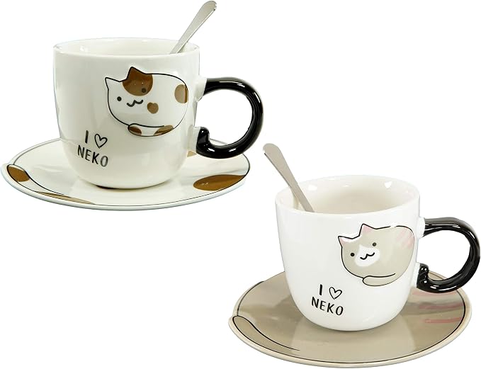 Ebros Pack Of 2 Crazy For Cats Maneki Neko Porcelain Coffee Tea Mug Cup 8oz With Saucer Tray And Notched Spoon Animal Pets Kittens Mugs Cups Kids And Adults Drinkware (Calico And Brown)