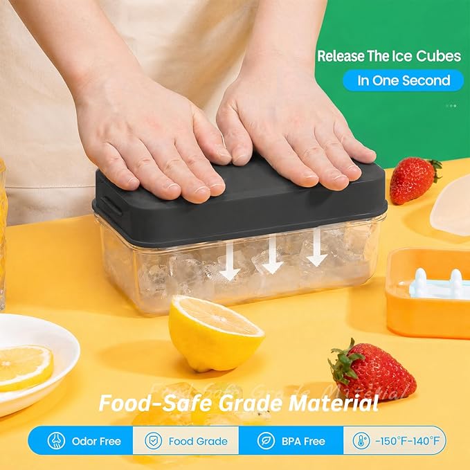 PHINOX Ice Cube Tray with Lid and Bin, 3 Pack Plastic Ice Cube Tray Molds, 84 pcs Ice Trays for freezer, Chilling Drinks, Whiskey & Cocktails, with Ice Container and Ice Scoop, BPA-Free