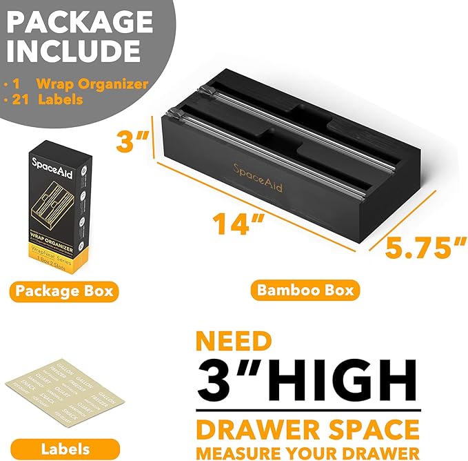 SpaceAid WrapNeat 2 in 1 Wrap Organizer with Cutter and Labels, Plastic Wrap, Aluminum Foil and Wax Bamboo Dispenser for Kitchen Storage Organization Holder for 12" Roll (Black)
