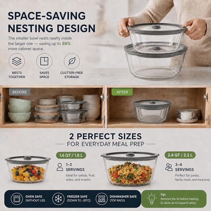 Glass Food Storage Containers with Lids, 90 & 52 oz, BPA-Free | Airtight & Leakproof Glass Containers Microwave Freezer Dishwasher Safe Premium Borosilicate Glass for Meal Prep