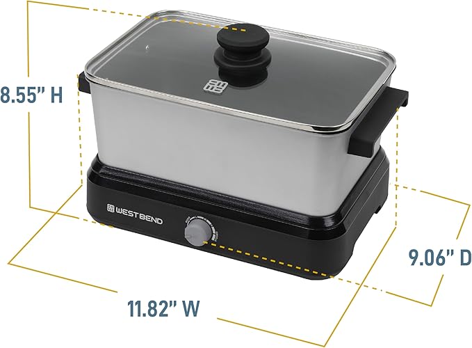 West Bend Versatility Slow Cooker Large Capacity Non-stick Cooking Vessel & Variable Temperature Heating Base Includes Travel Lid and Storage Bag, Range and Oven-Safe Cooking Pot, 5-Quart, Silver