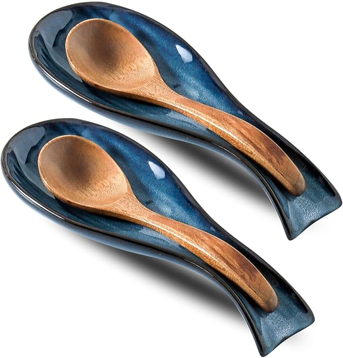 Ceramic Spoon Rest for Stove Top, Large 8.7 Inch Spoon Holder for Kitchen Counter, Porcelain Utensil Rest for Ladle, Spatula, Housewarming Gift, Dishwasher Safe and Heat-Resistant, Blue, Set of 2