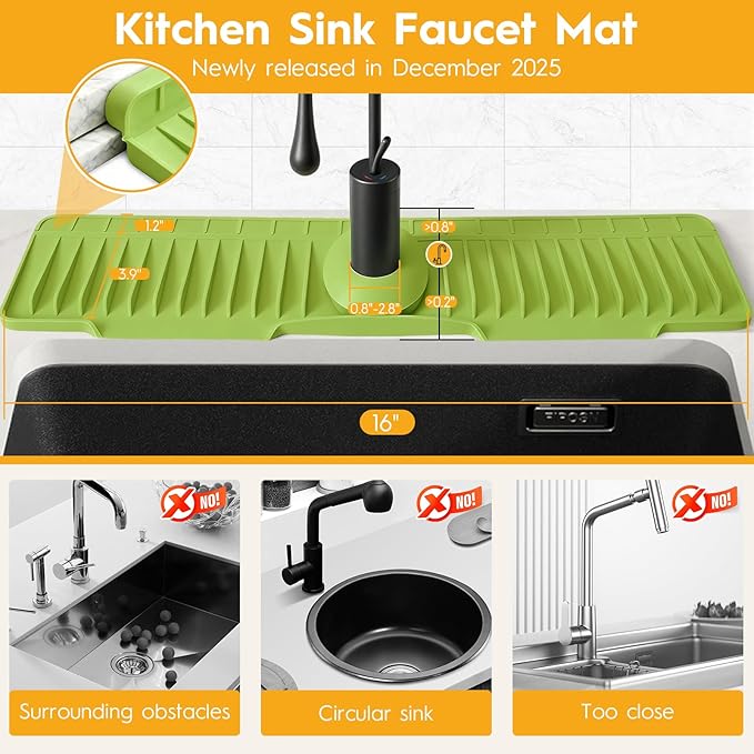 16" Silicone Faucet Mat for Kitchen Sink Released in 2026,8° Slope Fast Self-draining-Kitchen Sink Splash Guard,Bathroom Kitchen Sink Area Water Splash Guard Behind Faucet Draining Mat(Green)