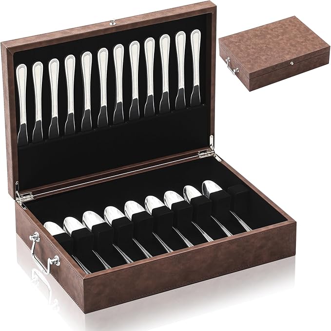 DoubleFill 1 Layer Leather Silverware Storage Box with Lid and Handles, Anti Tarnish Silverware Storage Chest Case with Felt-lined for 12 Sets of Utensils Flatware Gifts, 15.3x11.2x3.6 Inch