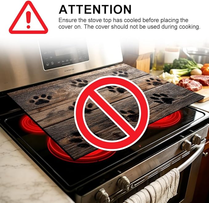 Stove Top Cover for Electric Stove 28.35 x 20.47 Inch Non Slip Stove Mat Rustic Paw Print Glass Cooktop Protector Kitchen Counter Mat