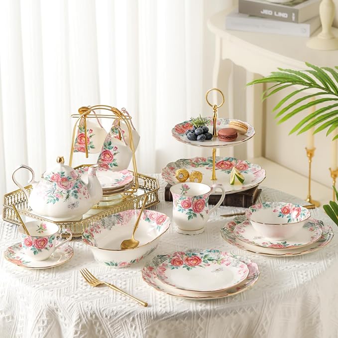 15 Piece British Bone China Tea Cup Sets, Elegant red Rose Pattern, Cups and Saucers Service for 4, with Teapot Sugar Bowl Cream Pitcher Teaspoons for Tea/Coffee, Gifts Set for Adults.