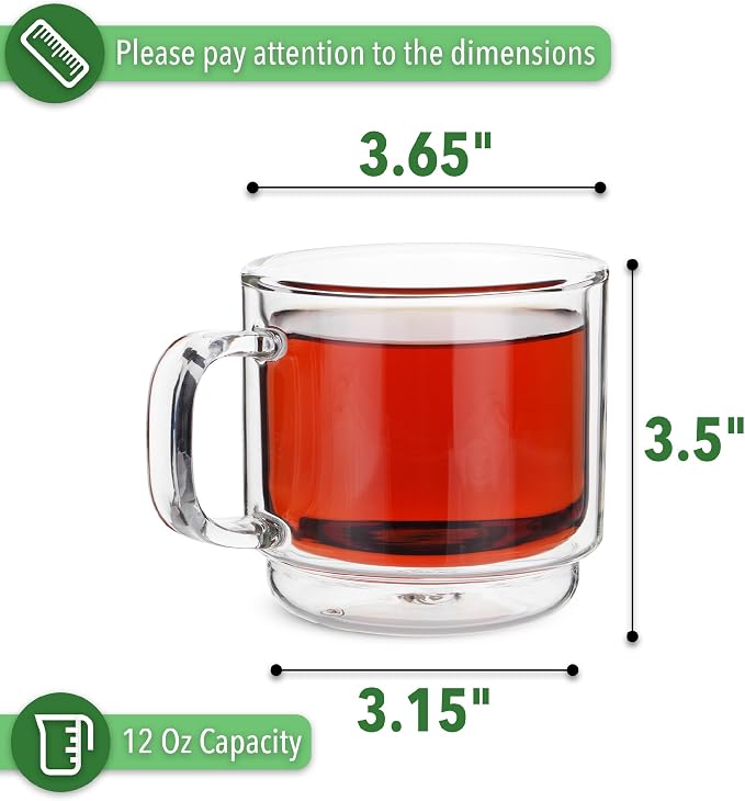 BTaT- Double Walled Stackable Glass Coffee Mugs, 12 oz, Set of 4, Glass Coffee Cups with Handle, Insulated Clear Coffee Mug for Hot and Cold Beverages, Cappuccino, Latte, Tea, Americano