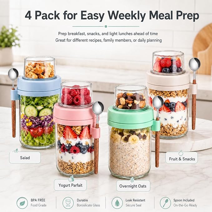 Yogurt Containers with Lids for Granola, 4 Pack Parfait Jars, Food Grade Glass, 20 oz Leakproof Overnight Oats Jars with Compartments for Oatmeal Salad Yogurt, BPA Free