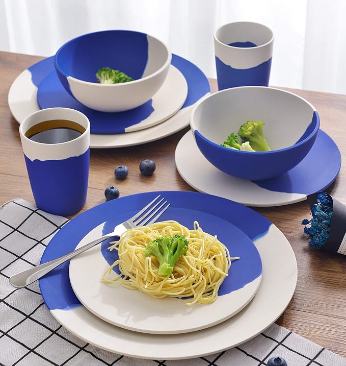 MORGIANA Bamboo Dinnerware Set, 8-Pieces Tableware Set, Eco-Friendly Plates, Cups, Bowls for Camping Picnic Outdoor Party (blue & white)