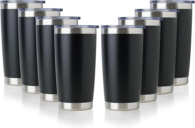 DOMICARE 20oz Stainless Steel Tumbler Bulk with Lid, Double Wall Vacuum Insulated Travel Mug, Powder Coated Coffee Cup, Powder Black, 8 Pack
