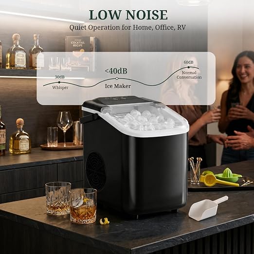 Ice Maker Countertop, Portable Ice Machine with Handle, Basket & Scoop, 26Lbs/24Hrs, 9 Bullet Ice Cubes Ready in 6–8 Mins, 2 Ice Sizes, Self-Cleaning, Quiet Compact for Home Kitchen Office RV Camping