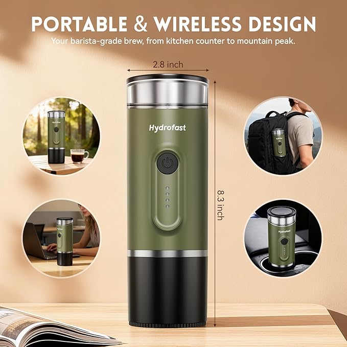 Portable Electric Espresso Machine, Self-Heating Travel Coffee Maker with 7800mAh Battery, USB-C Rechargeable, Compatible with Ground Coffee & Capsules, Maker for Camping, Office, Car