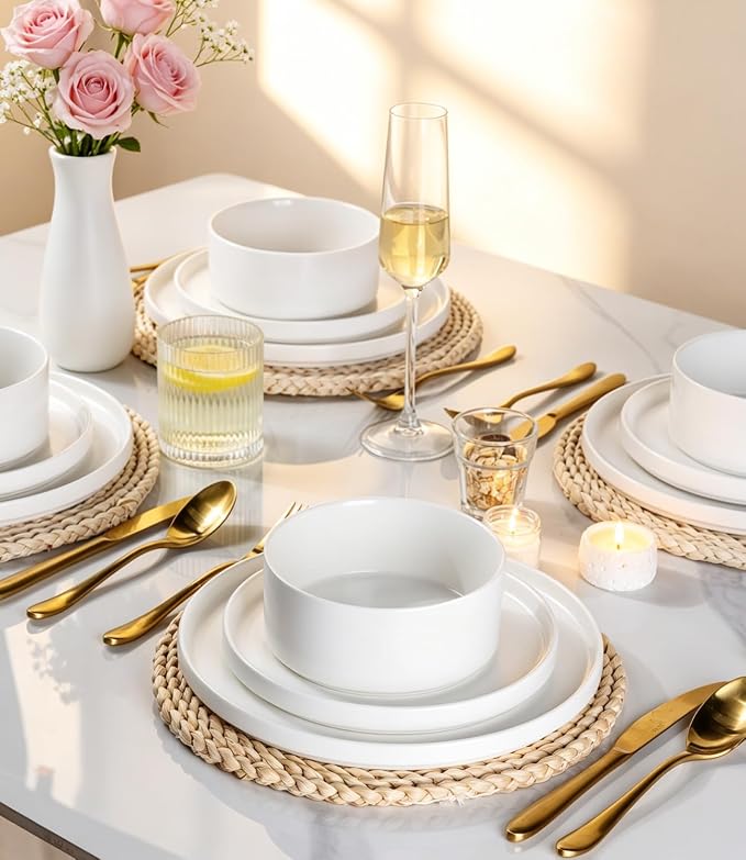 GBHOME Ceramic Dinnerware Sets of 4,Stoneware Plates and Bowls Sets,Chip and Crack Resistant | Dishwasher & Microwave Safe Dishes Set,Scratch Resistant- Service for 4 (12pc)-White
