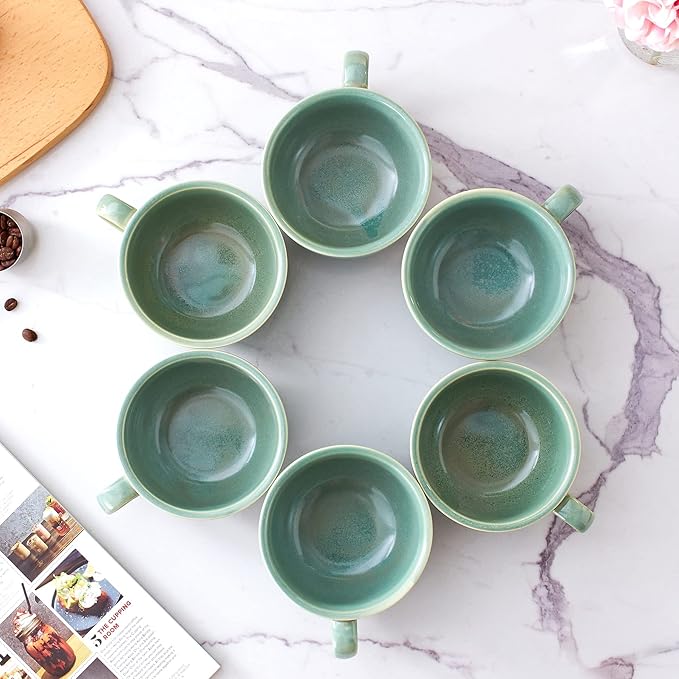 Coffeezone Set of 6 Cups Vintage Design 12 oz Professional Barista Ceramic Latte Art Cappuccino Cups Set (Green * 6)