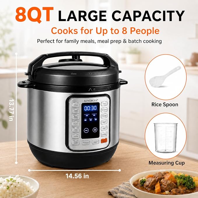 KINGBULL 8QT Electric Pressure Cooker, 12-in-1 Stainless Steel Multi Cooker with Nonstick Inner Pot, Slow Cooker, Rice Cooker, Steamer, Sauté, Yogurt Maker, Warmer, Delay Start