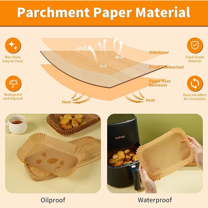100Pcs Air Fryer Disposable Liners+ 2Pcs Silicone Liners Sets for Ninja DZ401/DZ550/SL401 10Qt, Rectangular Air Fryer Inserts Accessories for Cosori 9QT Dual Basket, Parchment Paper Liners+Black