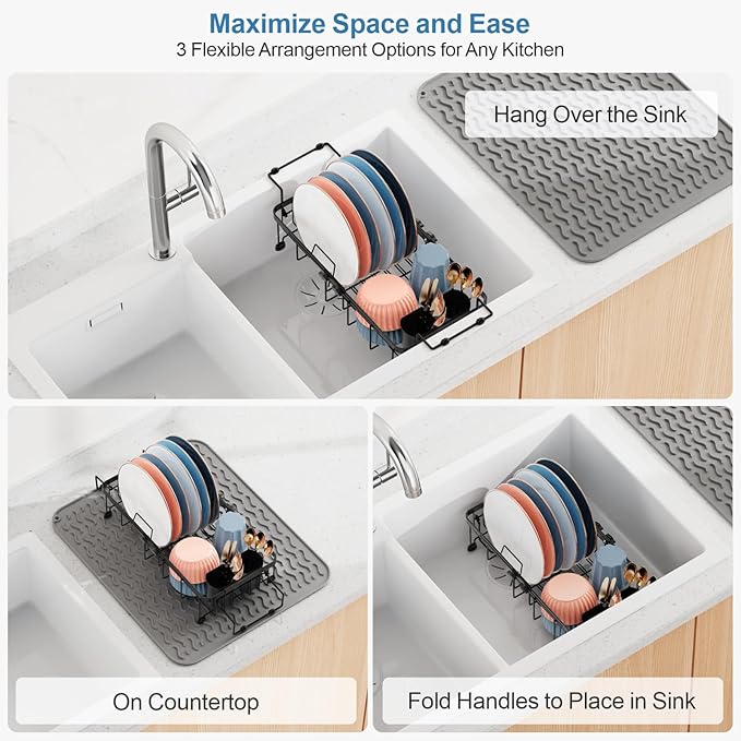 iSPECLE Small Sink Dish Drying Rack with Silicone Mat, 9" W Expandable Compact Rust Resistant Dish Drainer for RV Apartment Kitchen, Dish Rack with Lock Knob, Arms with Non Slip Rubber, Black