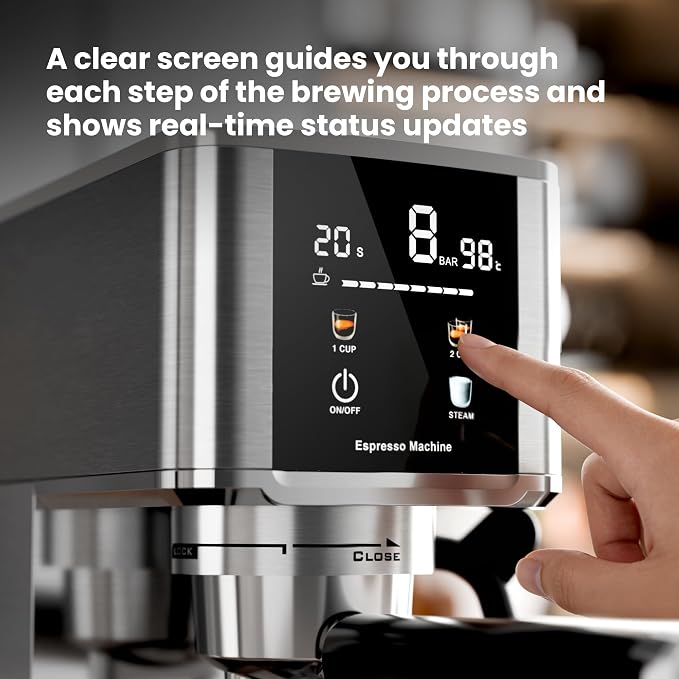 Kismile Espresso Machine with LED Screen & Milk Frother, Stainless Steel Coffee Maker with Thermo Block Heating & Pre-Brew System, Customizable Shot Memory, Ideal Gift for Baristas