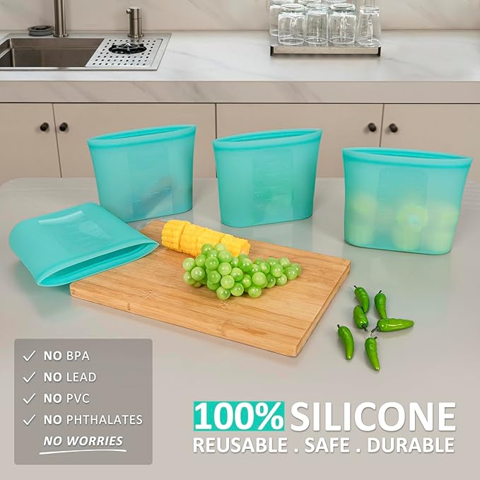 Bundle of 4 Pack 100% Silicone Reusable Food Storage Bags 33.8oz Aqua + 4 Pack 100% Silicone Reusable Food Storage Bags 16oz Aqua