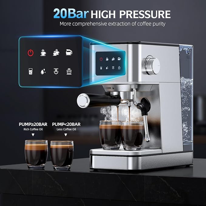 20 Bar Pump Espresso Machine with LED Touchscreen & Steam Wand | Small, Stainless Steel, 45s Quick Heat, Custom Brew Time, 57.5oz Removable Tank, Latte & Cappuccino Machine for Home, Silver