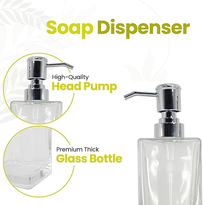 Square Glass Clear Lotion and Soap Pump Dispenser Set with Metal Stand Caddy for Bathroom Bath Kitchen Home Office Travel Hotel Hand Crafted Heavy Weight Chrome