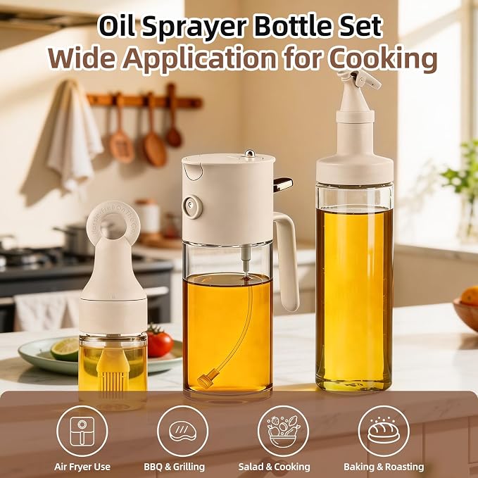 MMJ 【Buy One Get Three】 3-in-1 Oil Filler, Pourer & Sprayer 19.6 oz Thickened Heat-Resistant Borosilicate Glass Oil Sprayer for Kitchen, BBQ, Salad, Baking - Drip-Free, Leak-Proof, Non-Stick Design
