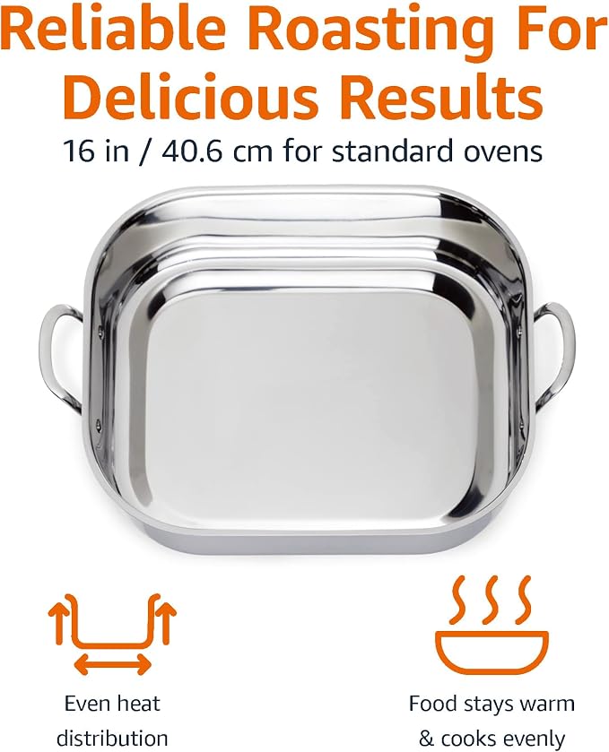 Amazon Basics Stainless Steel Rectangular Roasting Pan with Rack, Turkey Roaster, Dishwasher Safe, Easy to Clean, Oven Safe, 16 in