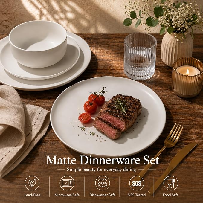 LERATIO Stoneware Dinnerware Sets for 4,Handcarft Ceramic Plates and Bowls Sets,Chip and Scratch Resistant Dishes, Dishwasher & Microwave Safe, Oven safe,Reactive Glaze-White