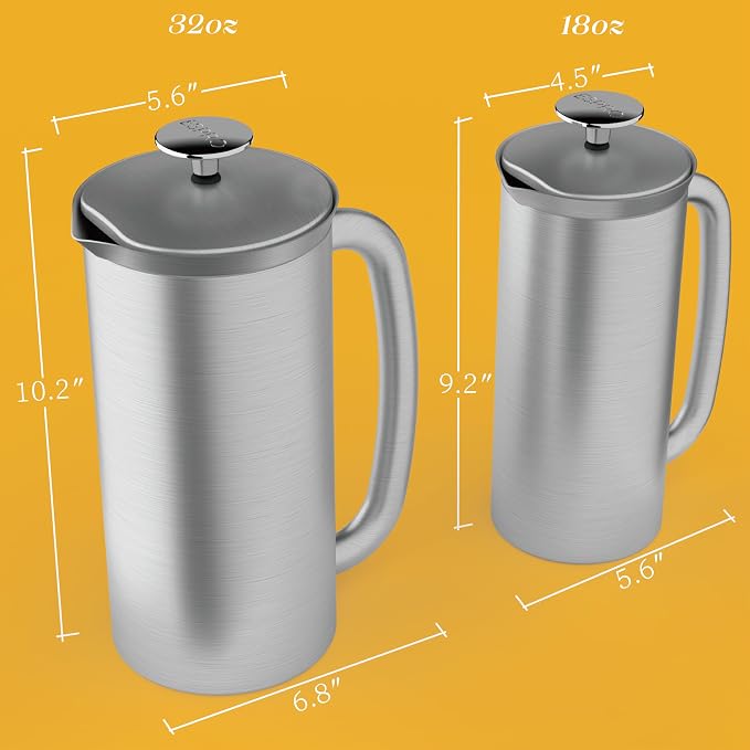 ESPRO Pro P7 Brushed Stainless Steel French Press 304 – Patented Double Walled Micro-Filter Insulated French Press Coffee Maker, Grit-Free Brew - Heat Resistant BPA Free - 18oz