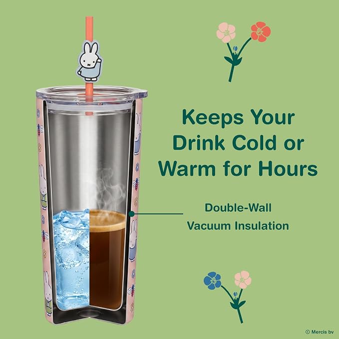 Dragon Glassware | Miffy Stainless Steel Tumbler with Straw, 24 oz - Pink | Vacuum Insulated Stainless Steel Tumbler with Straw & Lid; Double Walled Tumbler with Straw Charm; Miffy Cup with Lid