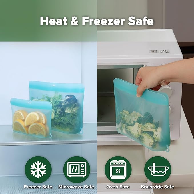 Haakaa Dot Seal Reusable Silicone Food Storage Bags, 2 Pack- Silicone Leakproof Freezer & Sandwich Snack Bags, BPA Free Food Containers, Microwave & Dishwasher Safe, Turquoise (500ml, 1500ml)