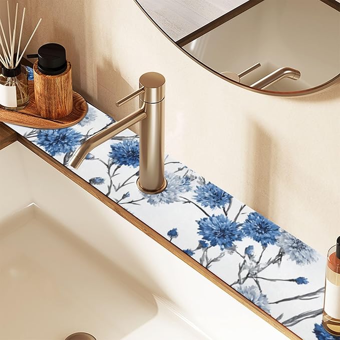 Kitchen Sink Splash Guard 1 PC 14.7 Inch Sink Faucet Mat Splash Guard for Bathroom Countertop Water Absorbent Foldable Cuttable Soft Washable Chinese Style Cornflower