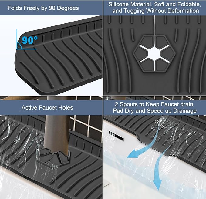 Faucet Guard - 90 Foldable Draining Mat for Kitchen & Bathroom Sink with 2 Drain Ports (Black, 29.9"*5.9")
