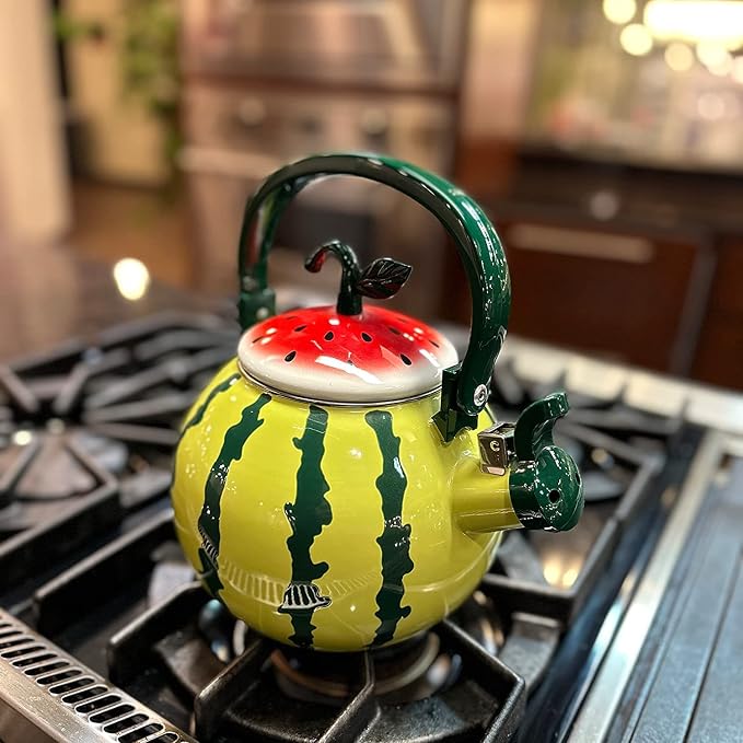 Whistling Tea Kettle for Stove Top Enamel on Steel Teakettle, Supreme Housewares Watermelon Design Teapot Water Kettle Cute Kitchen Accessories Teteras (1.6 Quart, Watermelon)