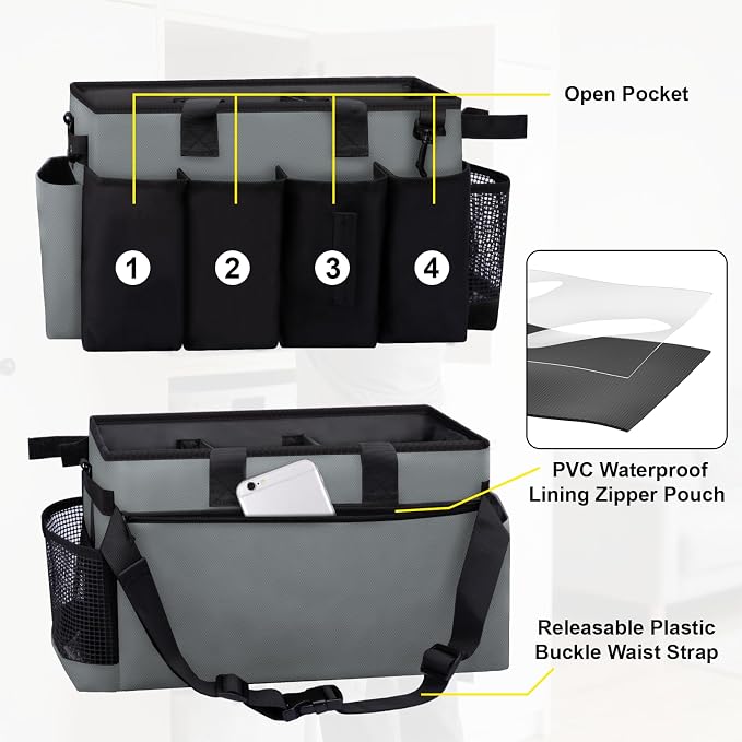 Wearable Large Cleaning Caddy Bag for Housekeeper, Clean Supply Organizer with Adjustable Shoulder, Waist & Handle Straps, Detailing Bag for Kitchen Supplies (Black&Gray)