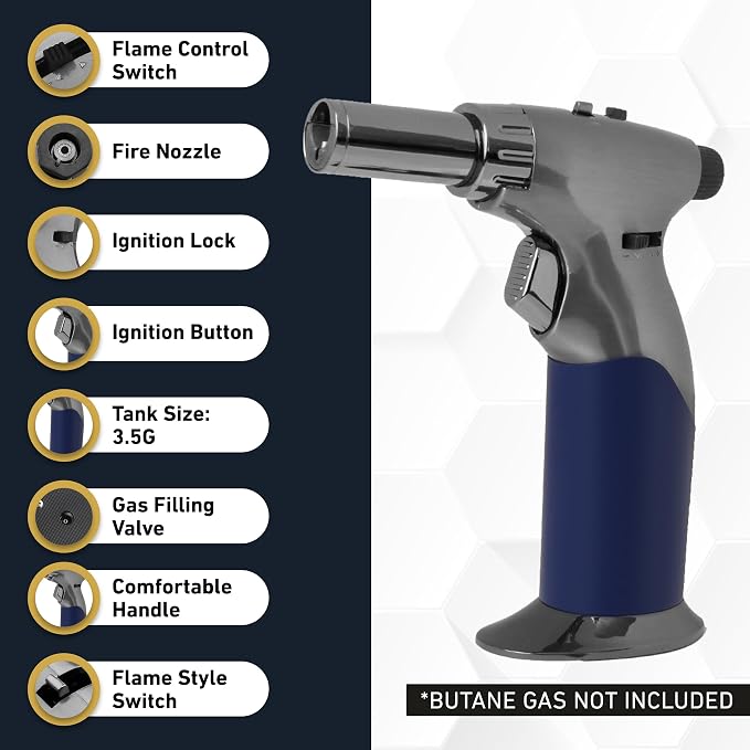 Dual Flame Butane Torch Gun - Refillable Luxury Hand Held Mini Blow Torch for Cooking, Creme Brulee, Soldering, Welding, & Resin Art - Adjustable Flame with Ignition Lock - Steel Blue by inZaynity®