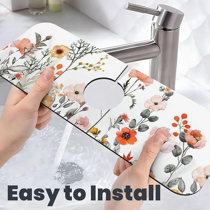 2Pcs Dish Drying Mats Faucet Mats Sets Large Size Coffee Mats Sink Faucet Mat Splash Guard for Kitchen Counter Bathroom Sink Coffee Bar Kitchen Decor (Colorful Wildflowers, 18"x24" 15" x 5.5"Set)