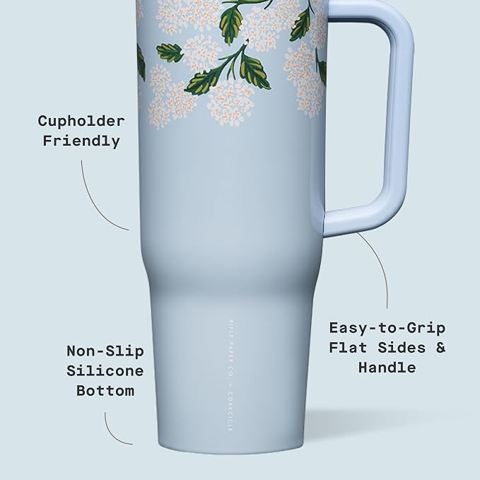 Corkcicle x Rifle Paper Co. Cruiser Insulated Tumbler with Handle & Straw - Keeps Drinks Cold 20 Hours - BPA-Free - 40 oz - Gift for Mom - Great for Mother's Day or Christmas - Gloss Blue Hydrangea
