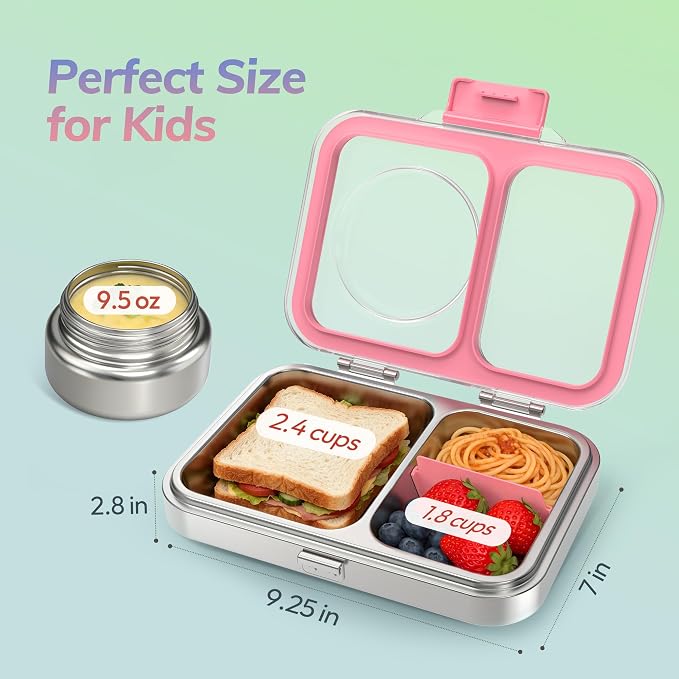 HOMEKOL Stainless Steel Bento Lunch Box + 9.5oz Insulated Food Jar, Pink | 2-Compartment Leak-Proof Container for Kids & Adults, BPA/BPS-Free, 18/8 Metal, Dishwasher Safe, Clear Tritan Lid