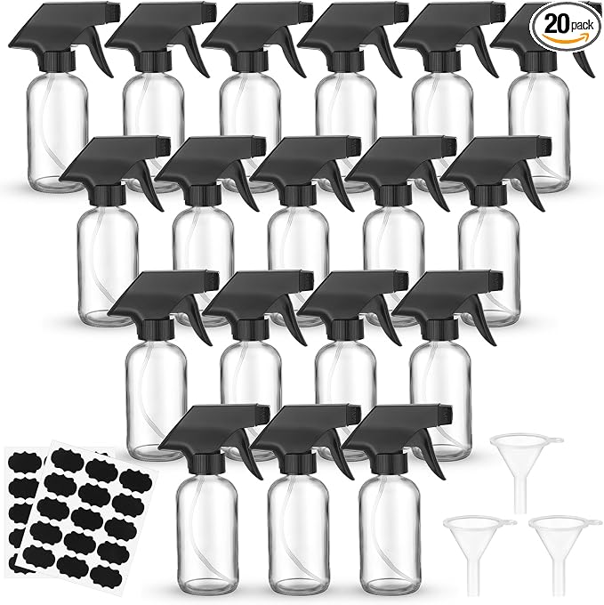 Fumete 20 Pcs 4 oz Glass Spray Bottles Empty Refillable Sprayer Containers with Funnels Labels Black Trigger Sprayers Spray Bottles for Essential Oil DIY Kitchen Hair Plants(Clear)
