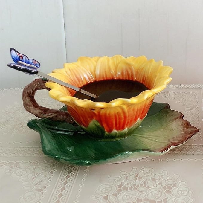 Ceramic Coffee Mug & Saucer Set, 3D Sunflower & Leaf, 6oz | Hand-painted, Handmade, Includes Spoon, Birthday Gift for Women