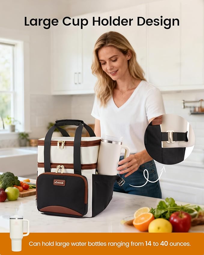 LOVEVOOK Insulated Lunch Bag For Women Men,Expandable Double Deck Lunch Box With Large Cup Holder,Leakproof Cooler Bag For Adult Lunch Tote Bag Work Picnic Beach with Adjustable Shoulder Strap Gift