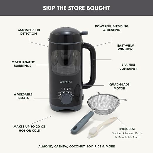 GreenPan 30oz Nut Milk Maker Machine, 15-in-1 for Homemade Almond, Oat, Soy, Coconut, Plant-Based Non-Dairy Beverages, Soups, BPA-Free Glass, Automatic Self-Clean, Delay Start, Gray