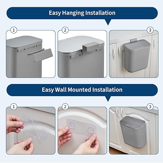 Hanging Kitchen Trash Can with Lid - 2.4 Gallon Small Compost Bin for Cabinet Door, Under Sink - Odor-Sealing Stainless Steel Top Food Waste Bin for RV, Bathroom, Office - Indoor Recycling Bin