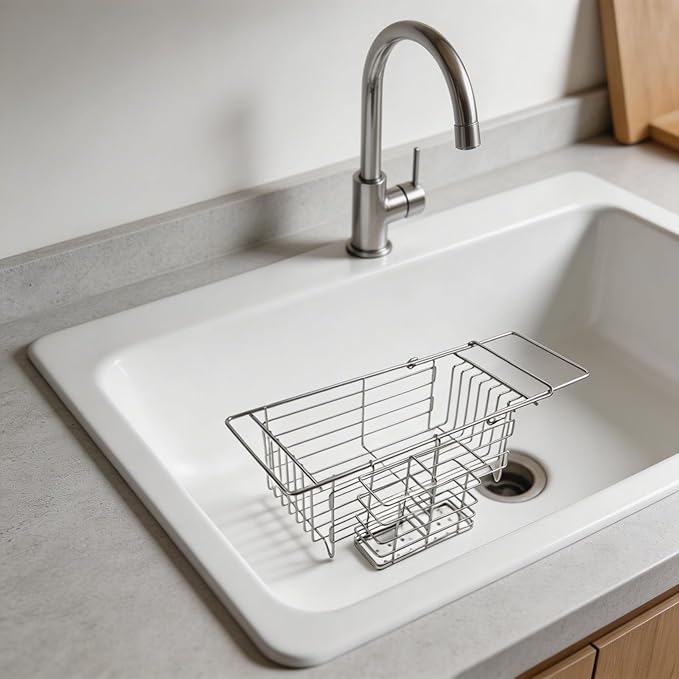 Expandable Stainless Steel Dish Drying Rack with Utensil Holder, Over The Sink Dish Drainer Basket for Kitchen, Space Saving Air Dry Organizer, Silvery, 40.5x18x13cm